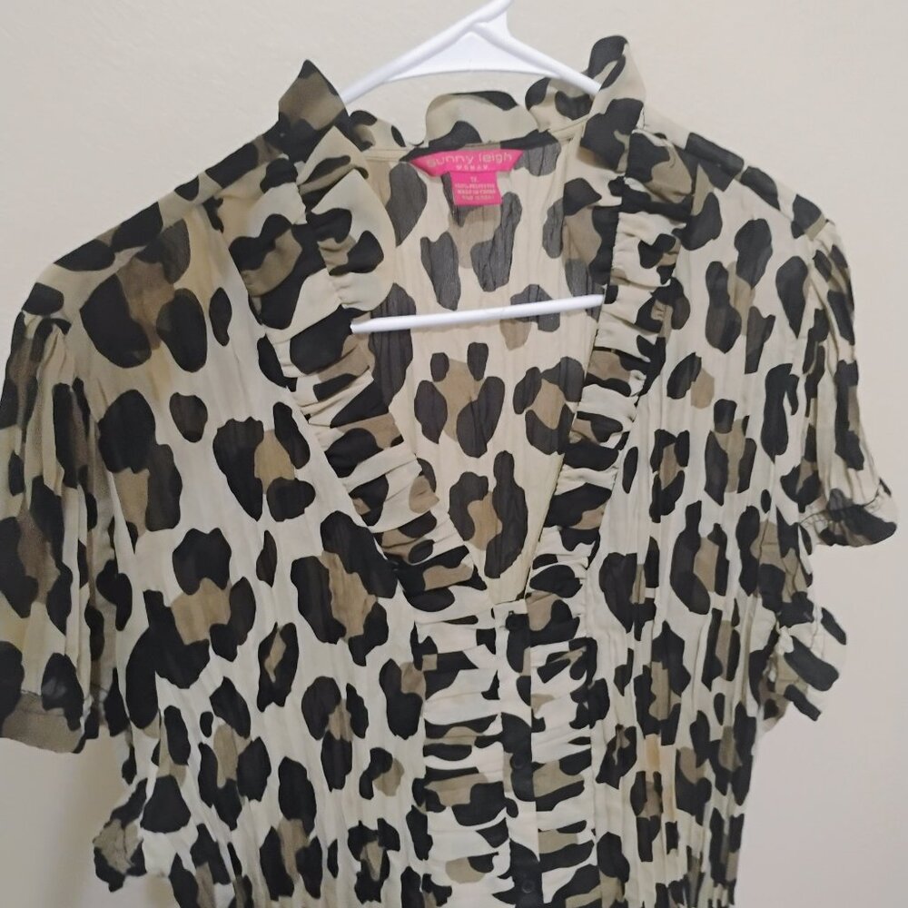 Sunny Leigh Leopard Print Ruffle Blouse Sheer Short Sleeve XL